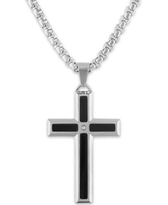 Stainless Steel - high quality Black Enamel & Diamond Accent Cross With 24