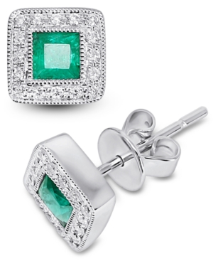 Macy's Emerald (3/8 Ct. T.w.) & Diamond (1/8 Ct. T.w.) Square Halo Stud Earrings In 14k White Gold