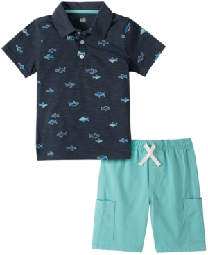 Kids Headquarters Little Boys Short Sleeve Printed Polo Shirt and Solid Shorts Set of 2
