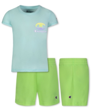 Champion Kids' Little Girls Small Ombre "c" Script T-shirt And Flatback Mesh Shorts, Set Of 2 In Blue Mist, Bright Lime