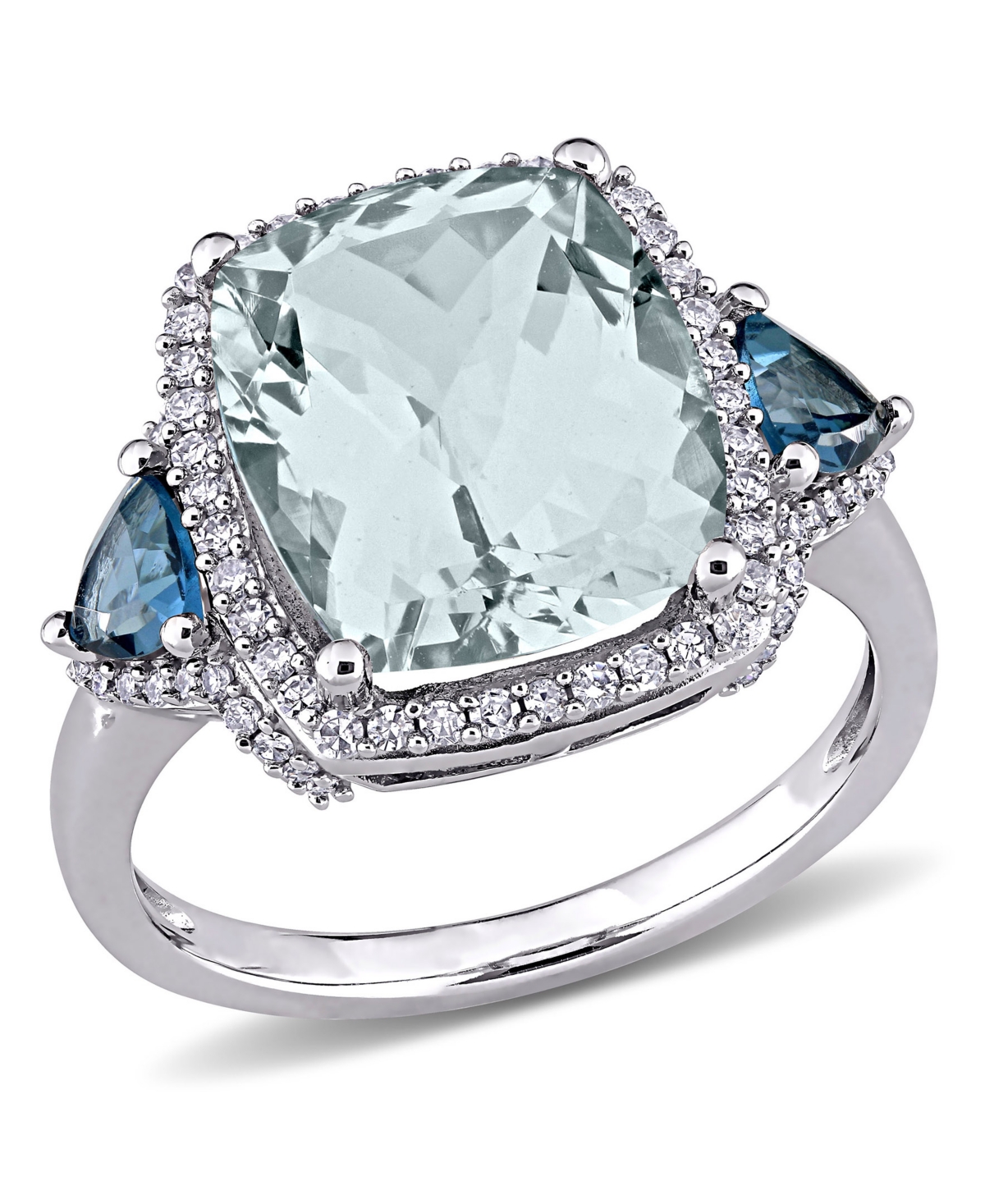 Macy's Aquamarine (5 Ct. T.w.) Blue Topaz (3/5 Ct. T.w.) And Diamond (1/3 Ct. T.w.) 3-stone Halo Ring In 14