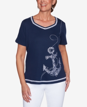 ALFRED DUNNER WOMEN'S MISSY ANCHOR'S AWAY ANCHOR DOT EMBROIDERY TOP