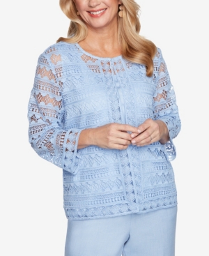Alfred Dunner Women's Missy French Bistro Solid Lace Two For One Top In French Blue