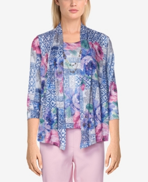 Alfred Dunner Women's Missy Classics Scroll Floral Patchwork Burnout Two-for-one Top In Denim