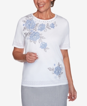Alfred Dunner Women's Missy French Bistro Yoke Floral With Pointelle Sweater In Ivory
