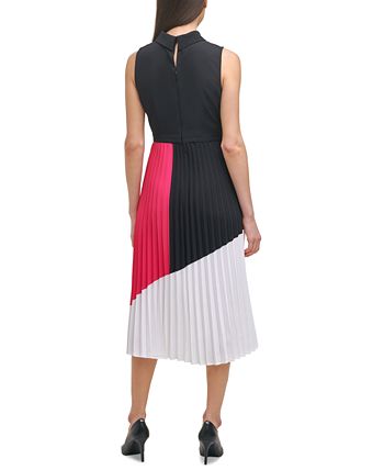 Karl Lagerfeld Paris Pleated Color Blocked Mock Neck Midi Dress - 12
