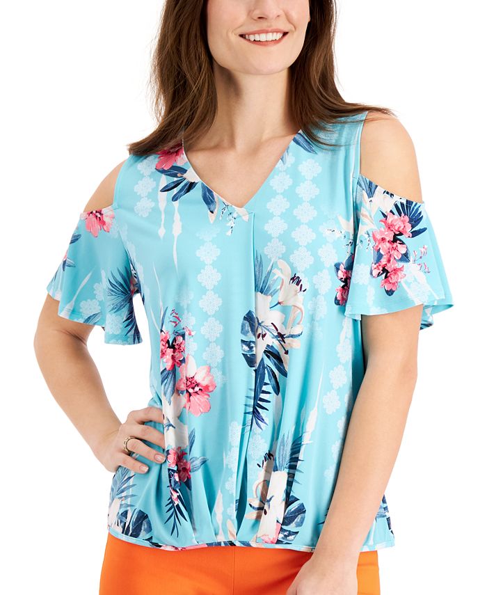 Jm Collection Womens Printed Cold Shoulder Scoop Neck Top Blue Size Small