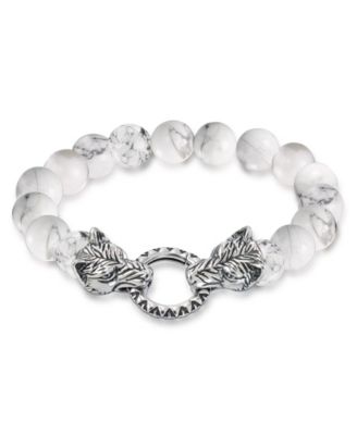 Andrew Charles by Andy Hilfiger Mens Tigers Eye Bead Wolf Head Stretch Bracelet in Stainless Steel Also in Onyx White Agate - White Agate 101$
