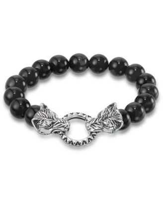 Andrew Charles by Andy Hilfiger Men's Tiger's Eye Bead Wolf Head Stretch Bracelet in Stainless Steel (Also in Onyx & White Agate) - Onyx