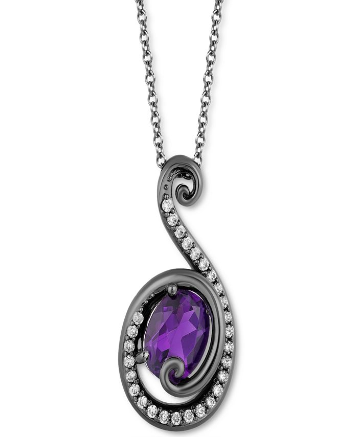 Enchanted Disney Fine Jewelry - Amethyst (7/8 ct. t.w.) & Diamond (1/5 ct. t.w.) Ursula Pendant Necklace in Sterling Silver & Black Rhodium, 16" + 2" extender