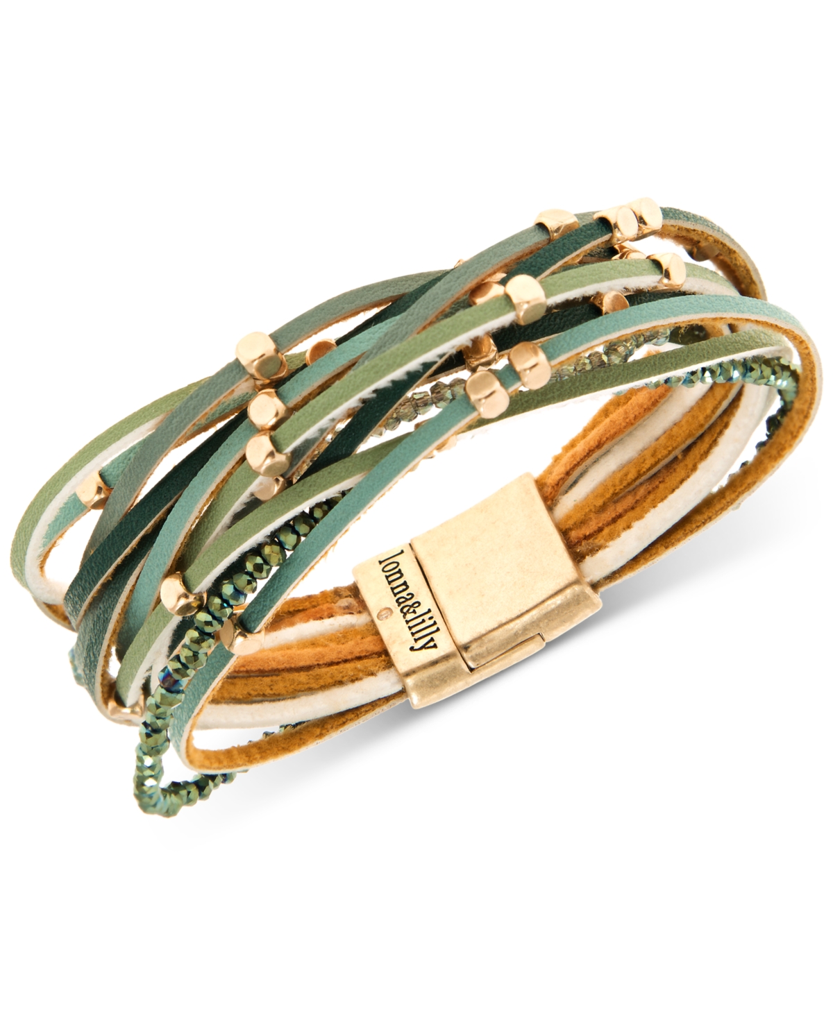 Gold-Tone Beaded & Faux-Leather Multi-Row Magnetic Bracelet - Green