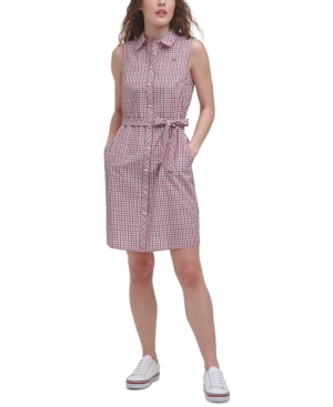 Tommy Hilfiger Cotton Printed Shirtdress In Voyage Check- Red Multi