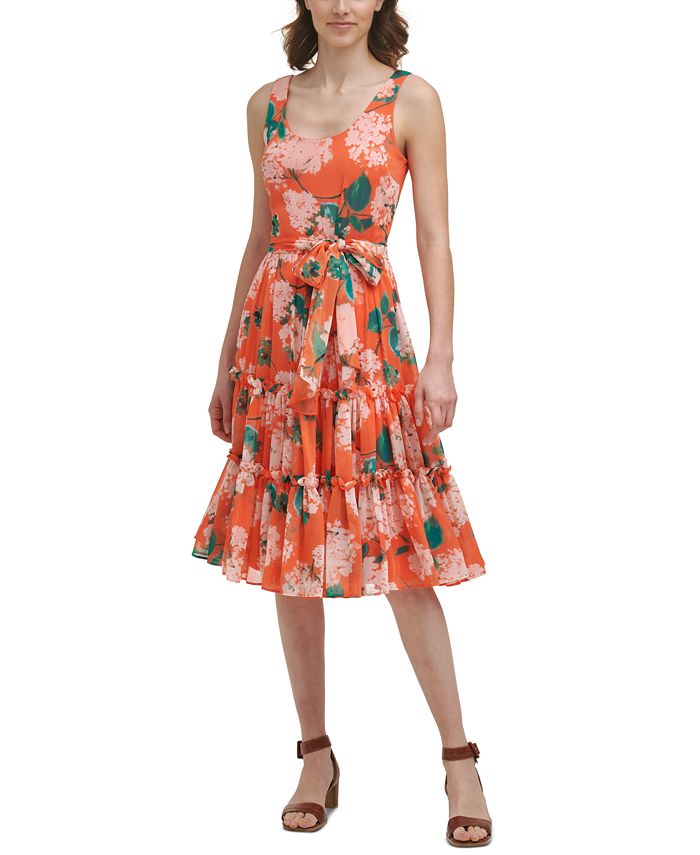 Calvin Klein Floral-Print Tiered A-Line Dress - Macy's