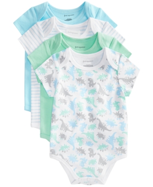 First Impressions Baby Boys 4-pack Dinosaur Cotton Bodysuits Set, Created For Macy's In Bright White