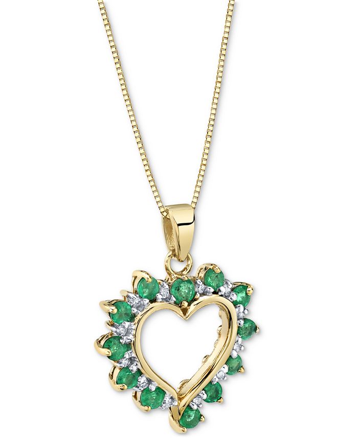 Macy's - Emerald (3/4 ct. t.w.) & Diamond (1/10 ct. t.w.) Open Heart 18" Pendant Necklace in 14k Gold