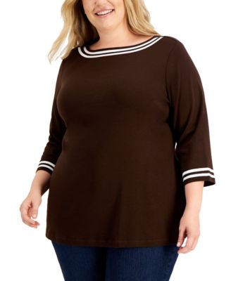 Plus Size Contrast Trim 3/4-Sleeve Tunic, Created for Macy's