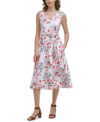Calvin Klein Petite Floral-Print V-Neck Belted Midi Dress - Macy's