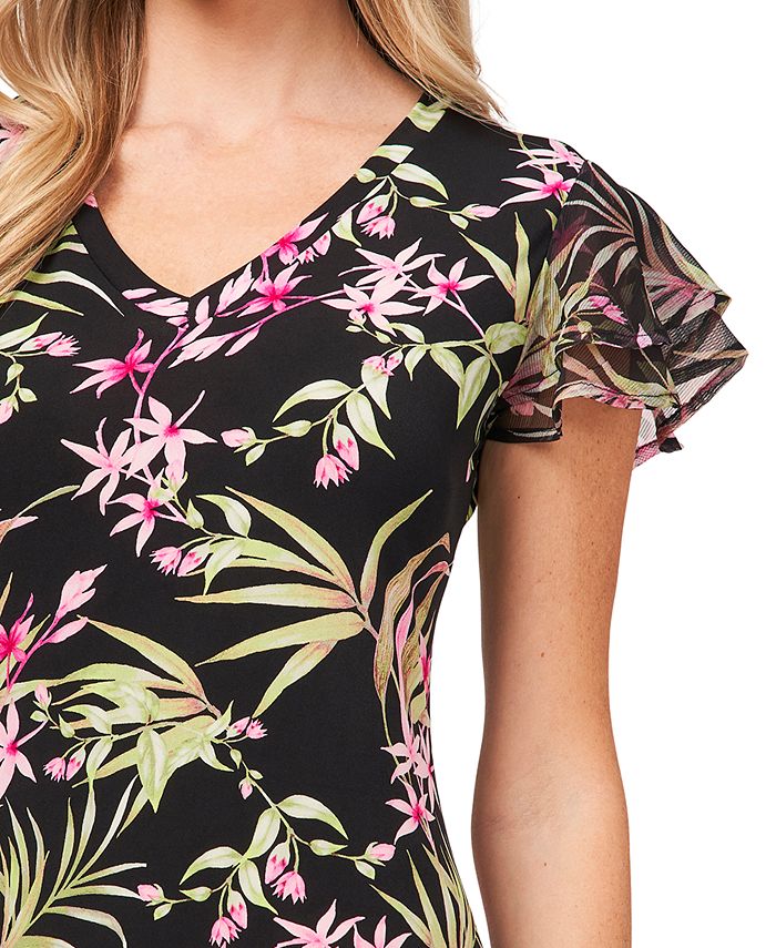 CeCe Petite Flutter-Sleeve Floral-Print Dress - Macy's