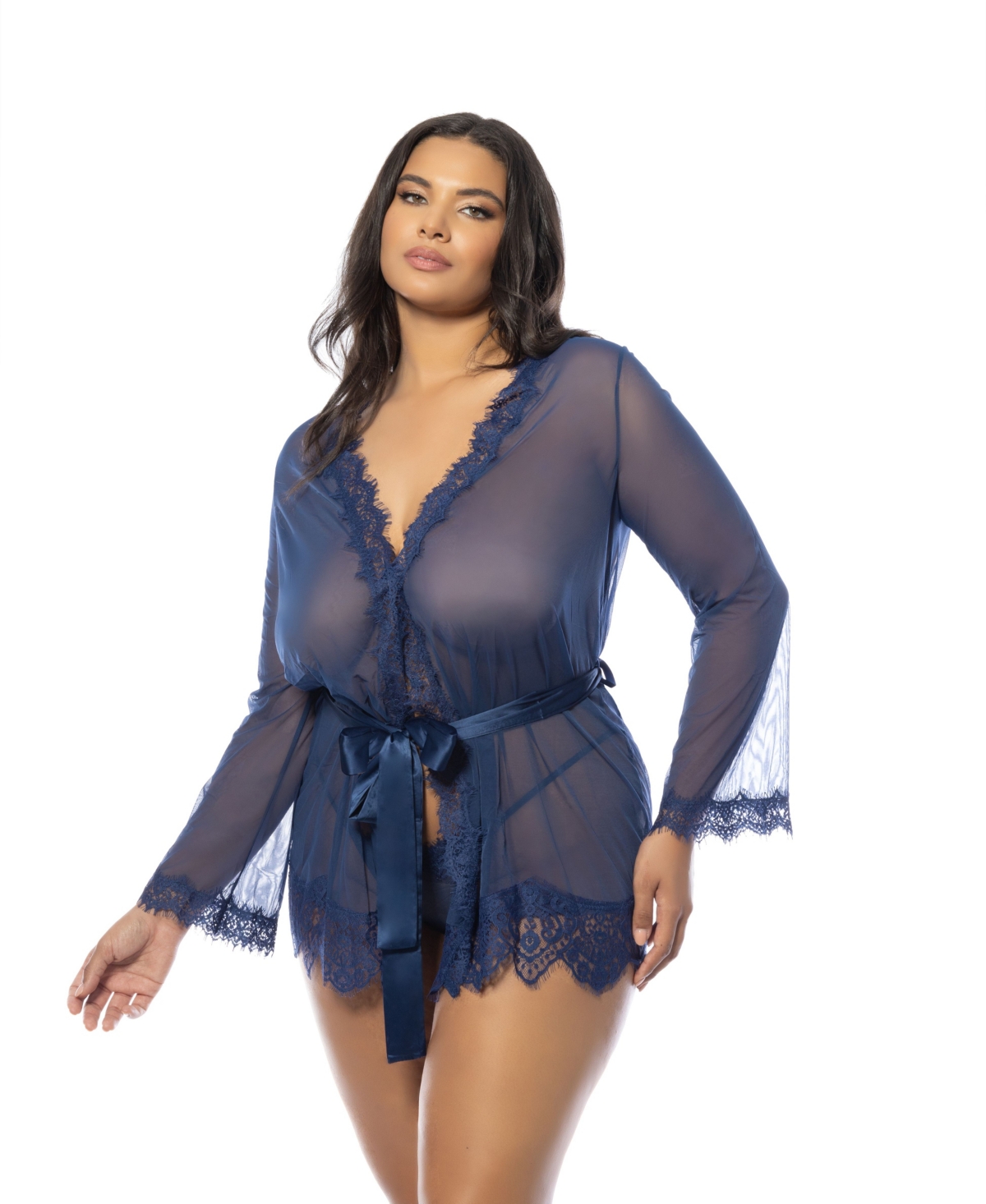 Plus Size Eyelash Lace Robe with Satin Sash and G-String Lingerie Set - Navy06