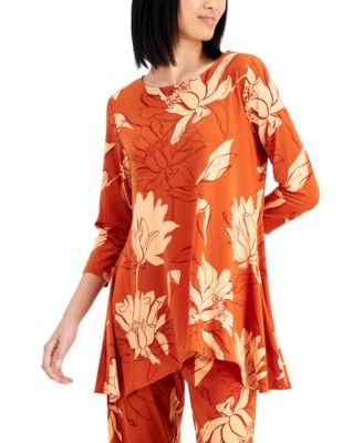 Alfani - Printed 3/4-Sleeve Scoop-Neck Swing Top