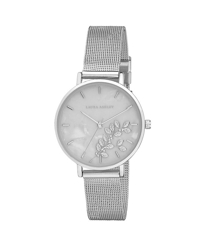 Laura Ashley Womens Engraved Floral Printed Silver Tone Alloy Mesh
