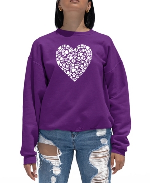 La Pop Art Women's Word Art Paw Prints Heart Crewneck Sweatshirt In Purple