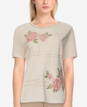 Alfred Dunner Petite Springtime In Paris Embroidered Top In Oatmeal