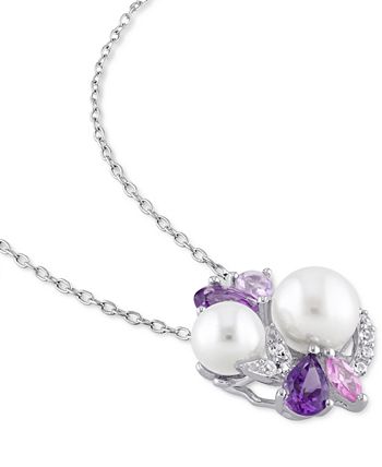 Macy's - Cultured Freshwater Pearl (6-1/2 & 7-1/2mm) & Multi-Gemstone (1-3/8 ct. t.w.) Cluster 18" Pendant Necklace in Sterling Silver