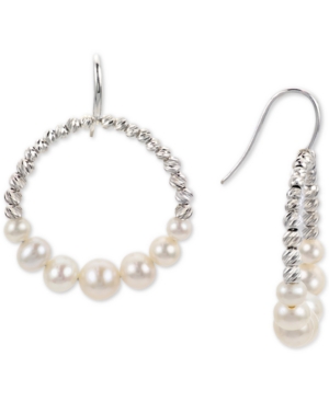 Macy's Cultured Freshwater Pearl (4-7mm) Graduated Drop Hoop Earrings In Sterling Silver