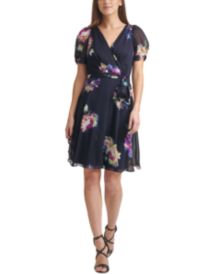 Floral-Print Knot-Sleeve Faux-Wrap Dress