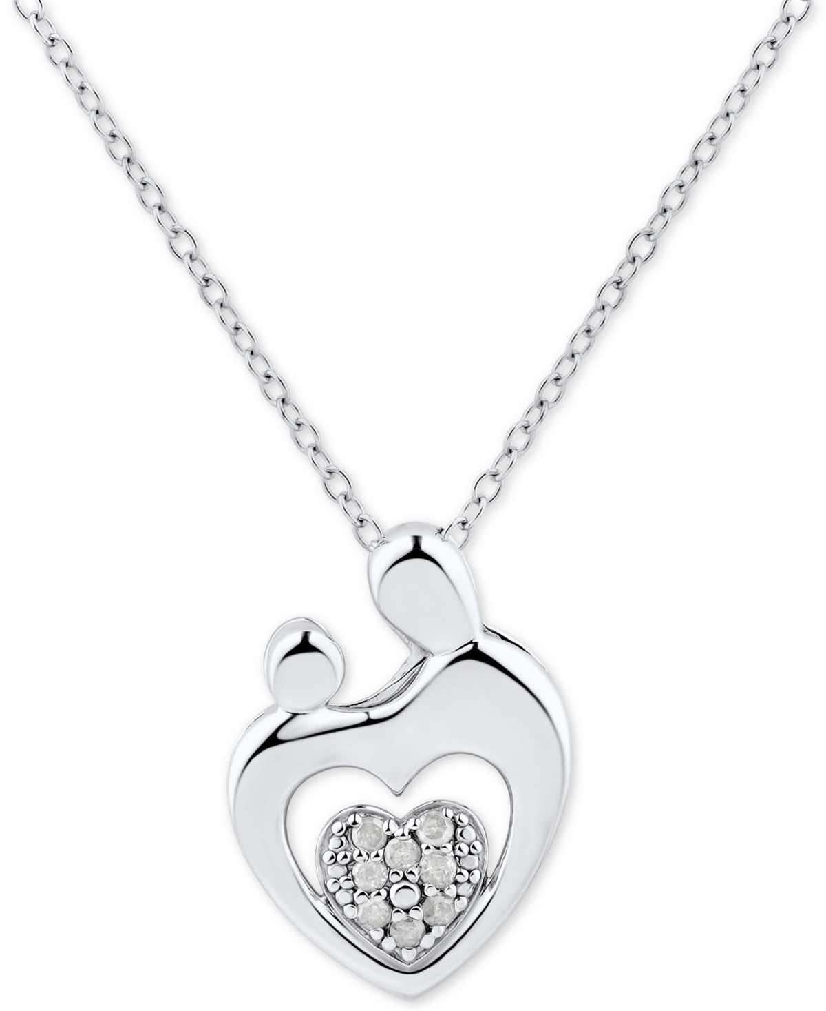 Macy's Diamond Heart Cluster Mother & Child Pendant Necklace (1/10 Ct. T.w.) In Sterling Silver In Silver
