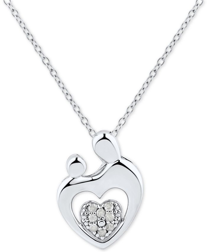 Macy's - Diamond Heart Cluster Mother & Child Pendant Necklace (1/10 ct. t.w.) in Sterling Silver