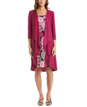 R & M Richards Petite Draped Jacket & Printed Dress Set