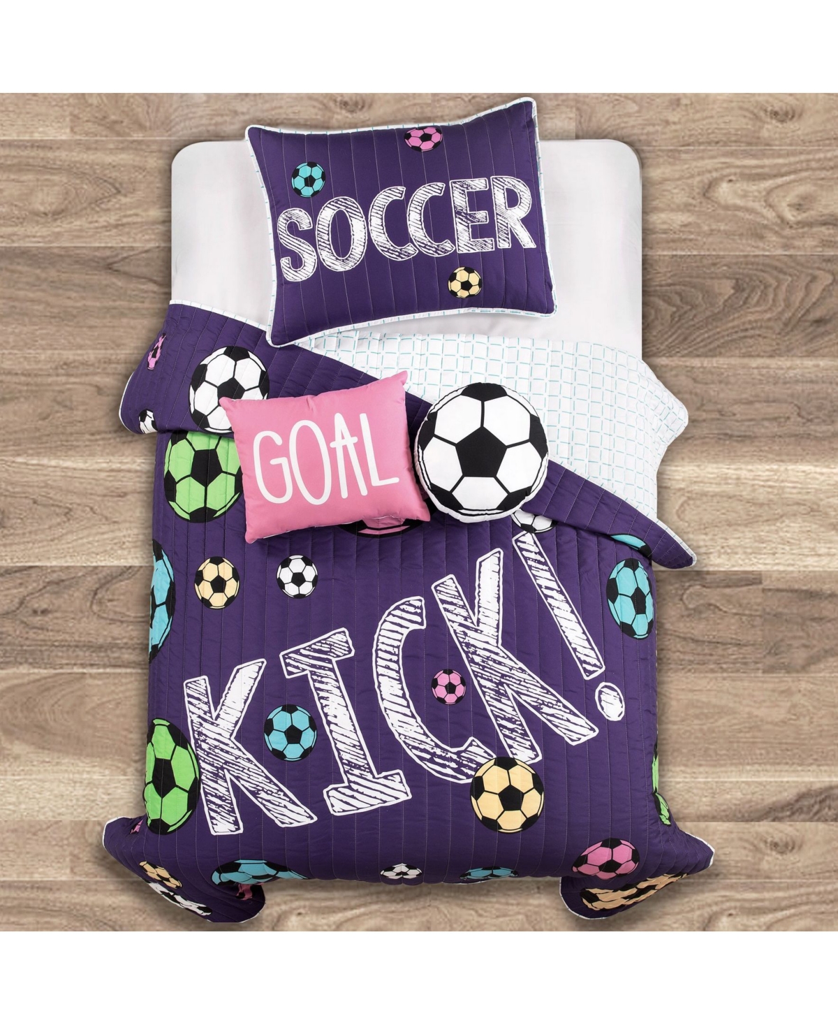 Lush Decor Girls Soccer Kick 4 Piece Quilt Set for Kids,