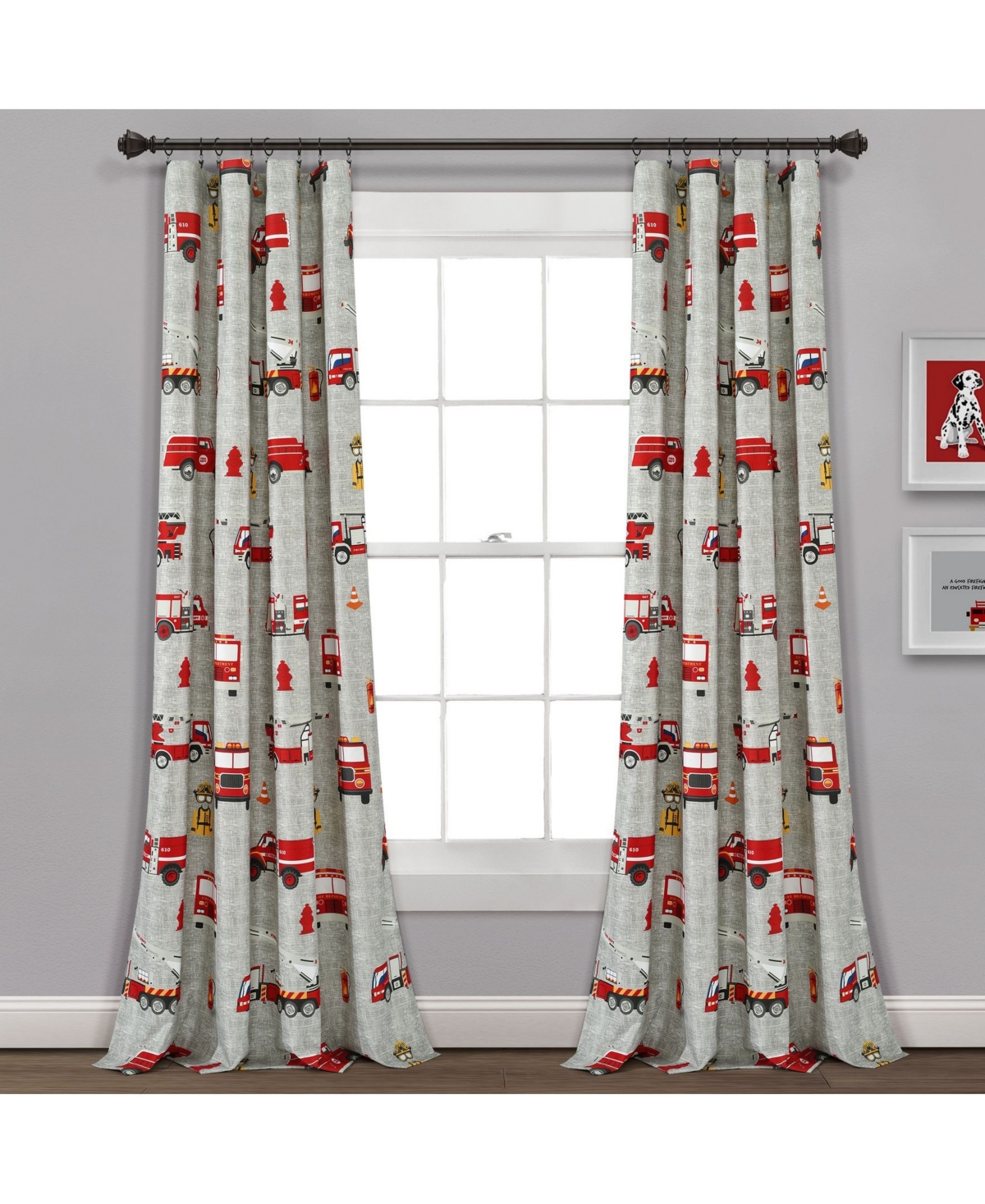 Lush Decor Fire Truck Window Curtain Panels Set for Kids, - Gray