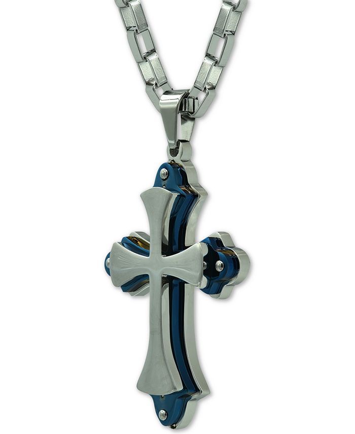 Macy's Men's Large Cross 30" Pendant Necklace in Stainless Steel & Blue