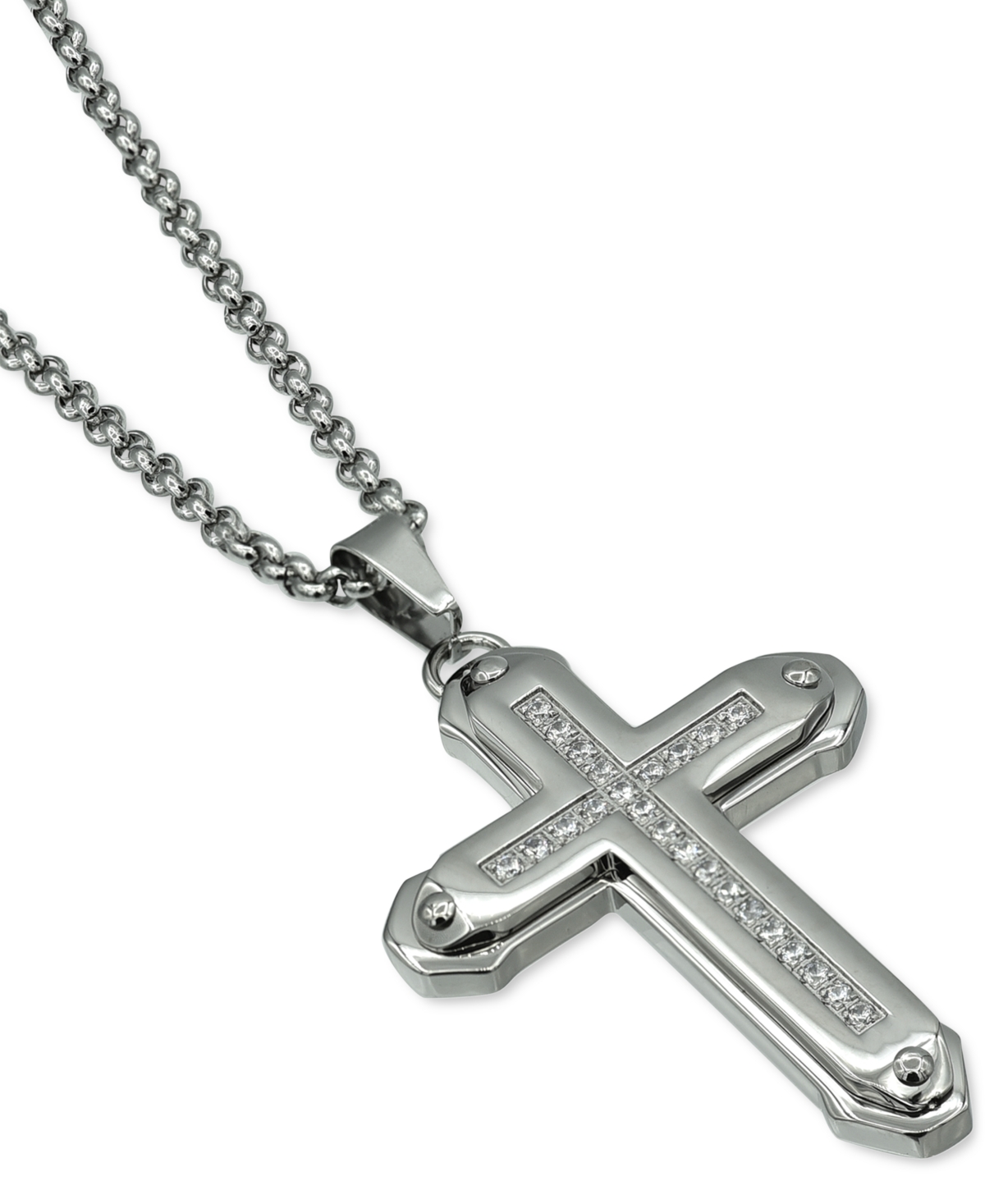 Men's Cubic Zirconia Cross 24" Pendant Necklace in Stainless Steel - Stainless Steel