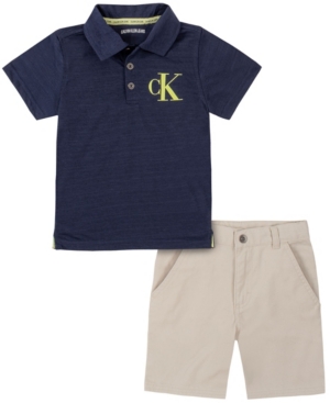 Calvin Klein Little Boys Chevron Print Poly Knit Performance Polo with Khaki Twill Short Set 2 Piece