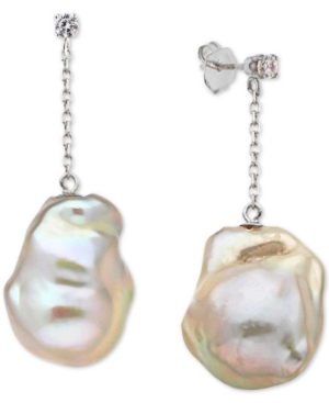 Macy's Baroque Cultured Freshwater Pearl (13-15mm) & Diamond (1/10 Ct. T.w.) Drop Earrings In 14k White Gol