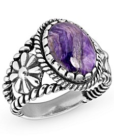 Sterling Silver Rope and Floral Ring in Charoite, Howlite, Purple Spiny Oyster or Variscite