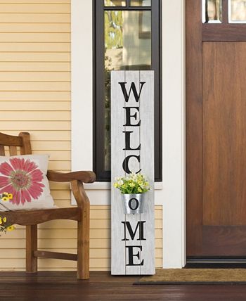 Glitzhome - 42"H Wooden White WELCOME Porch Sign with Metal Planter