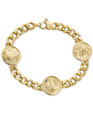 Macy's Three Coin Curb Link Bracelet In 14k Gold-plated Sterling Silver In Gold Over Silver
