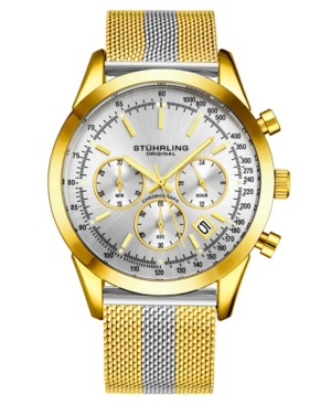 Stuhrling Men's Quartz Chronograph Date Gold-tone Stainless Steel Mesh Bracelet Watch 44mm In White