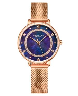 Stuhrling Women's Quartz Rose Gold-tone Mesh Strap Watch 34mm In Blue
