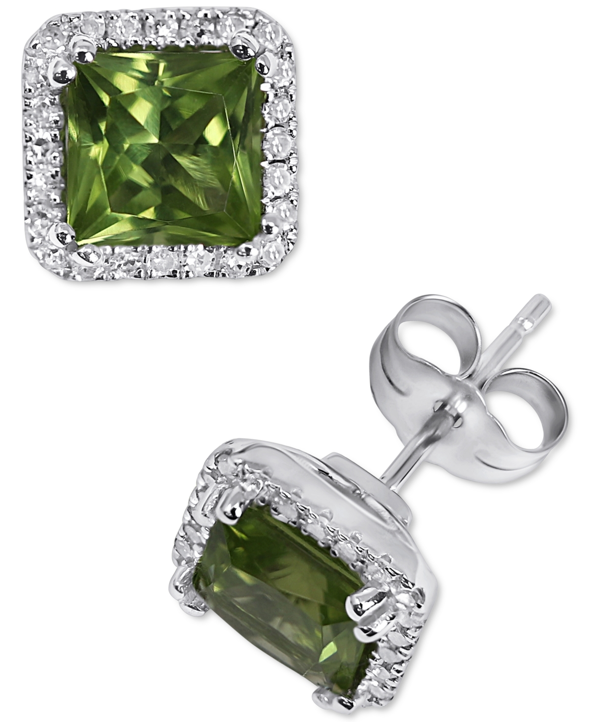 Peridot (1-3/4 ct. t.w.) & Diamond (1/5 ct. t.w.) Square Halo Stud Earrings in 14k- White Gold