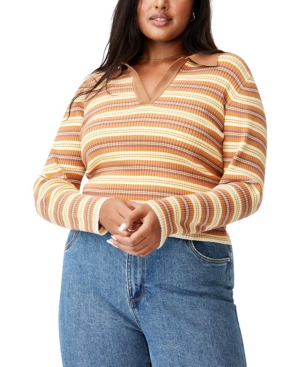 Trendy Plus Size Long Sleeve Rib Knit Polo Top