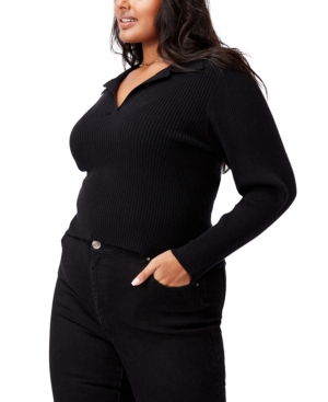 Trendy Plus Size Long Sleeve Rib Knit Polo Top