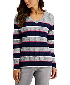 Petite Gianna Cotton Striped Cable V-Neck Sweater, Created for Macy's  