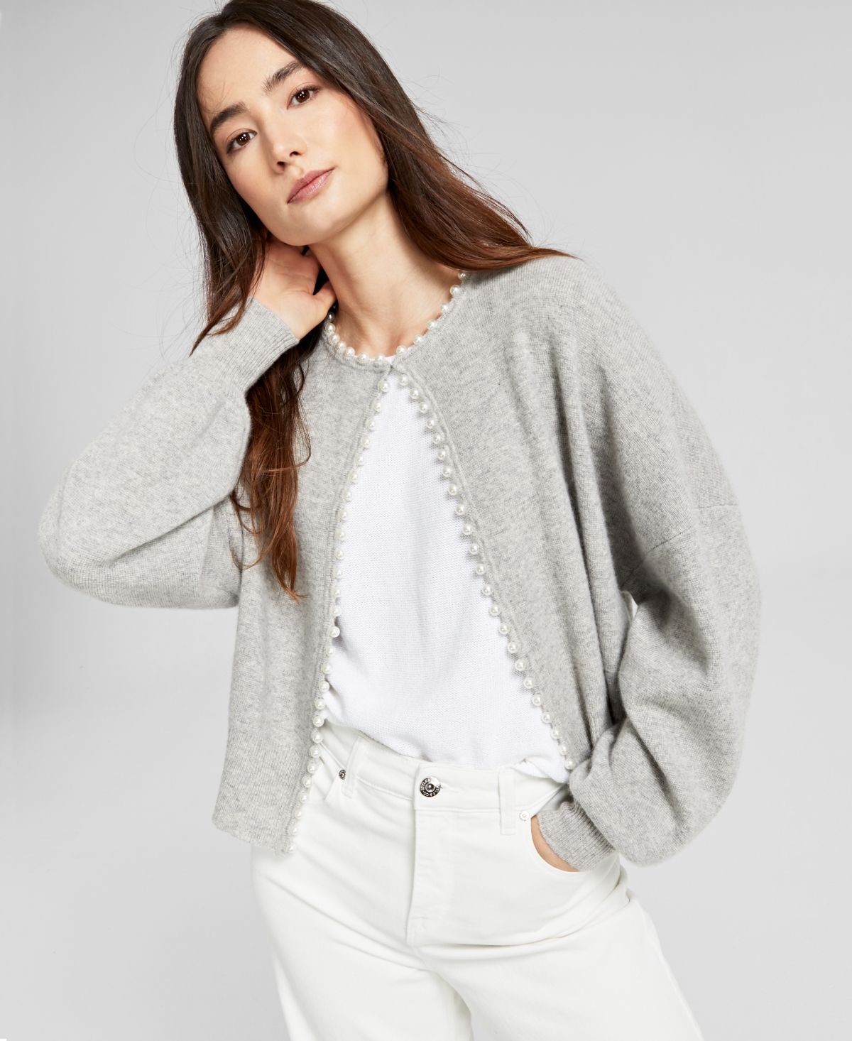 Charter Club Imitation Pearl-Trimmed Cashmere Cardigan, Created for Macy's