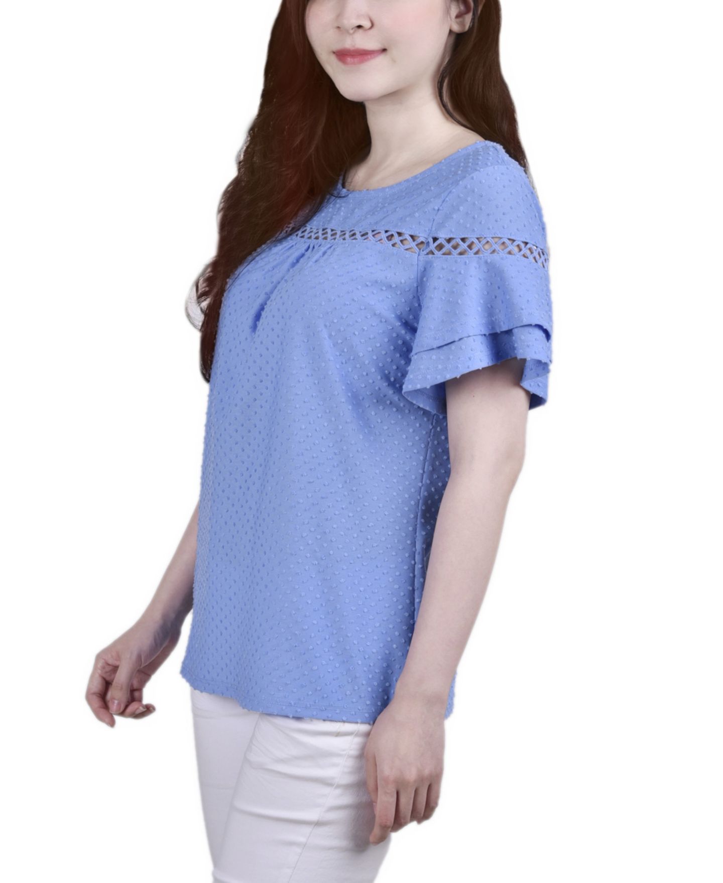 Женский топ NY Collection Petite Short Double Flutter Sleeve Swiss Dot, цвет: Corn Flower — фото 3